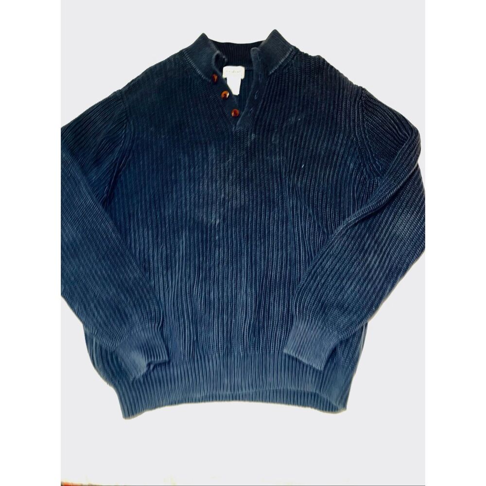 VTG LL Bean Cotton Cableknit Sweater Navy Ecru Leather Buttons Men's L